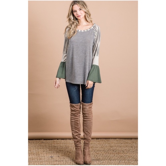 Bibi Color Block Ribbed Bell Sleeve Long sleeve Knit top - Picture 7 of 7